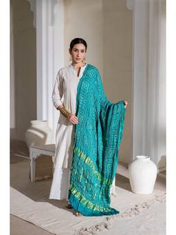 VASTRA RAAG - Rama Green Pure Modal Silk Bandhani Checks Pallu Dupatta with Zari Lagdi Patta