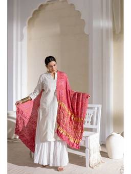VASTRA RAAG - Pink Pure Modal Silk Bandhani Checks Pallu Dupatta with Zari Lagdi Patta