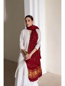 VASTRA RAAG - Maroon Pure Modal Silk Bandhani Dani Dupatta with Zari Lagdi Patta