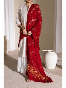 VASTRA RAAG - Red Pure Modal Silk Lehriya Bandhani Dupatta with Zari Lagdi Patta
