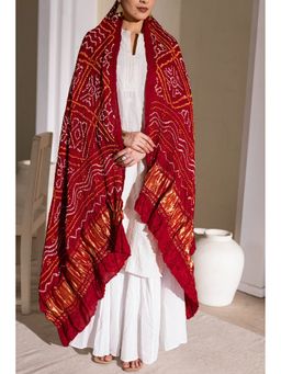 VASTRA RAAG - Red Pure Modal Silk Bandhani Barbag Dupatta with Zari Lagdi Patta