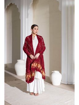 VASTRA RAAG - Maroon Pure Modal Silk Lehriya Bandhani Dupatta with Zari Lagdi Patta