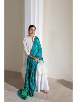 VASTRA RAAG - Rama Green Pure Modal Silk Lehriya Bandhani Dupatta with Zari Lagdi Patta