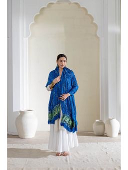 VASTRA RAAG - Blue Pure Modal Silk Lehriya Bandhani Dupatta with Zari Lagdi Patta