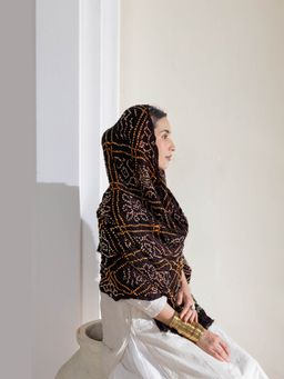 VASTRA RAAG - Black Pure Modal Silk Bandhani Barbag Dupatta with Zari Lagdi Patta