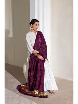 VASTRA RAAG - Wine Pure Modal Silk Lehriya Bandhani Dupatta with Zari Lagdi Patta