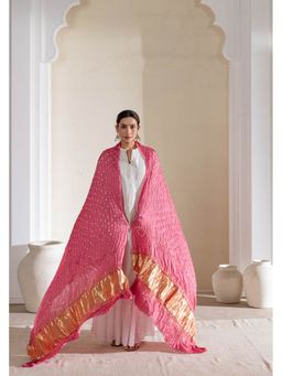 VASTRA RAAG - Pink Pure Modal Silk Bandhani Dani Dupatta with Zari Lagdi Patta