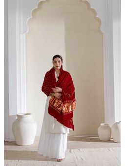 VASTRA RAAG - Red Pure Modal Silk Bandhani Dani Dupatta with Zari Lagdi Patta