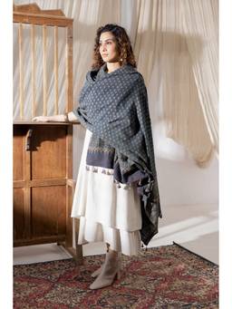 VASTRA RAAG - Ajrakh Hand Block Printed Handloom Woolen Teal Dupatta