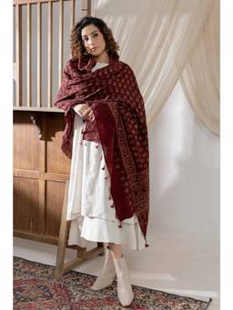 VASTRA RAAG - Ajrakh Hand Block Printed Handloom Woolen Red Dupatta