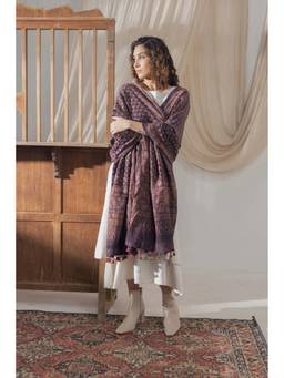 VASTRA RAAG - Ajrakh Hand Block Printed Handloom Woolen Purple Dupatta