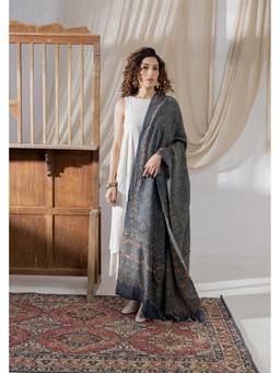 VASTRA RAAG - Ajrakh Hand Block Printed Handloom Woolen Teal Dupatta