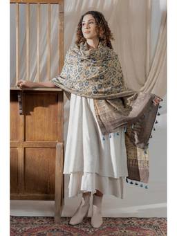 VASTRA RAAG - Ajrakh Hand Block Printed Handloom Woolen Grey Dupatta
