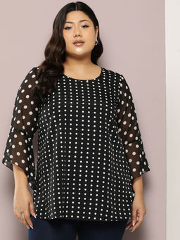 Qurvii - Black Polka Print Three Fourth Sleeves Top