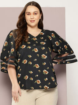 Qurvii - Black Floral Crepe Top With Bell Sleeves