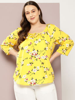 Qurvii - Yellow Floral Print Peasant Top