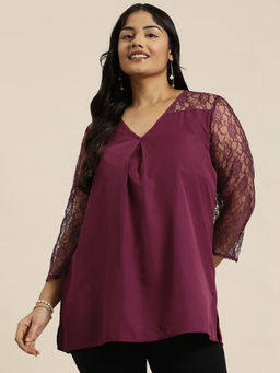 Qurvii - Flowy Wine Floral Net Crepe Tunic Top