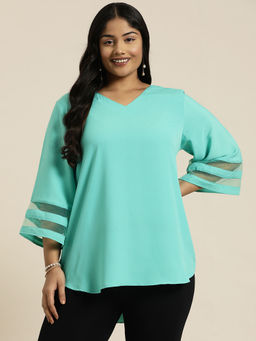 Qurvii - Turquoise Top With Stylish Mesh Bell Sleeves