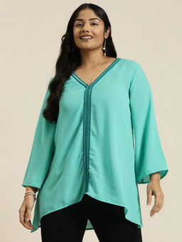 Qurvii - Turquoise Top With Embellishment Neck Full Sleeves