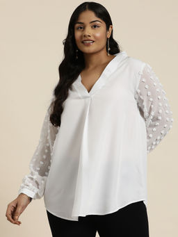 Qurvii - White V-Neck Full Cuff Sleeve Top