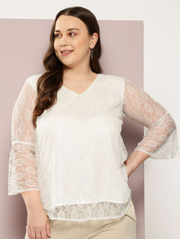 Qurvii - Ivory-Color Net V-Neck Top