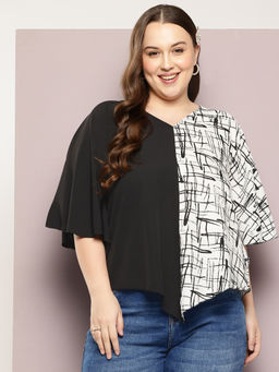 Qurvii - V-Shape Hemline Color Block Kimono Sleeves Top Black
