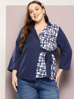 Qurvii - Navy Blue Color Blocking Wrap Around Top