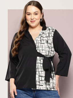 Qurvii - Black Color Blocking Wrap Around Top