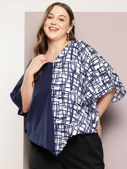 Qurvii - V-Shape Hemline Color Block Kimono Sleeves Top