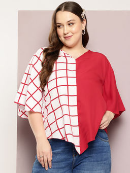 Qurvii - Red And White Checks Color Block Kimono Sleeves Top