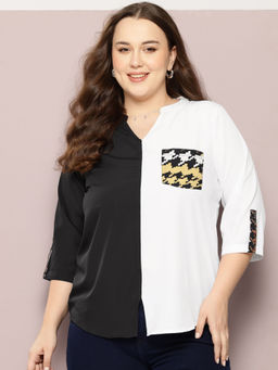 Qurvii - Womens High-Low Banded Collar Top With Printed Patch Pocket