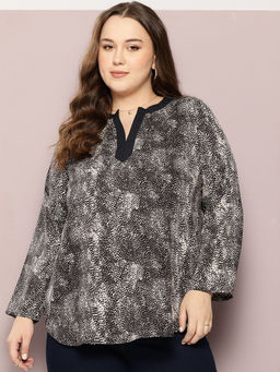 Qurvii - Black And Ivory Leopard Print Mandarin Collar Top
