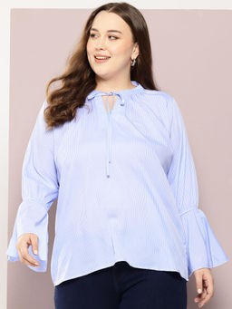 Qurvii - Classic Stripes Tie-Up Neck Top With Long Bell Sleeves