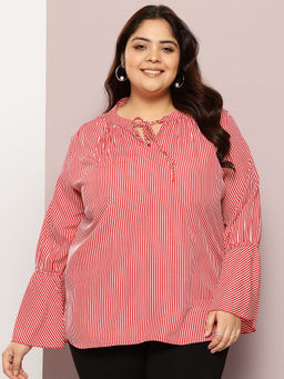 Qurvii - Stripes Printed Tie-Up Neck Top With Long Bell Sleeves