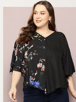 Qurvii - V-Shape Hemline Color Block Kimono Top