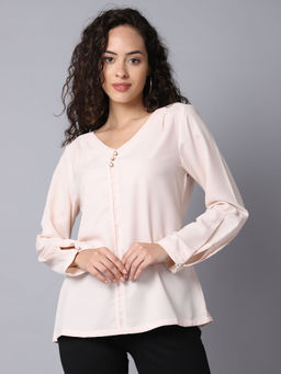 Cantabil - Women Solid Pink V-Neck Full Sleeves Casual Top
