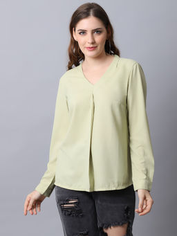 Cantabil - Women Solid Green V-Neck Full Sleeves Casual Top