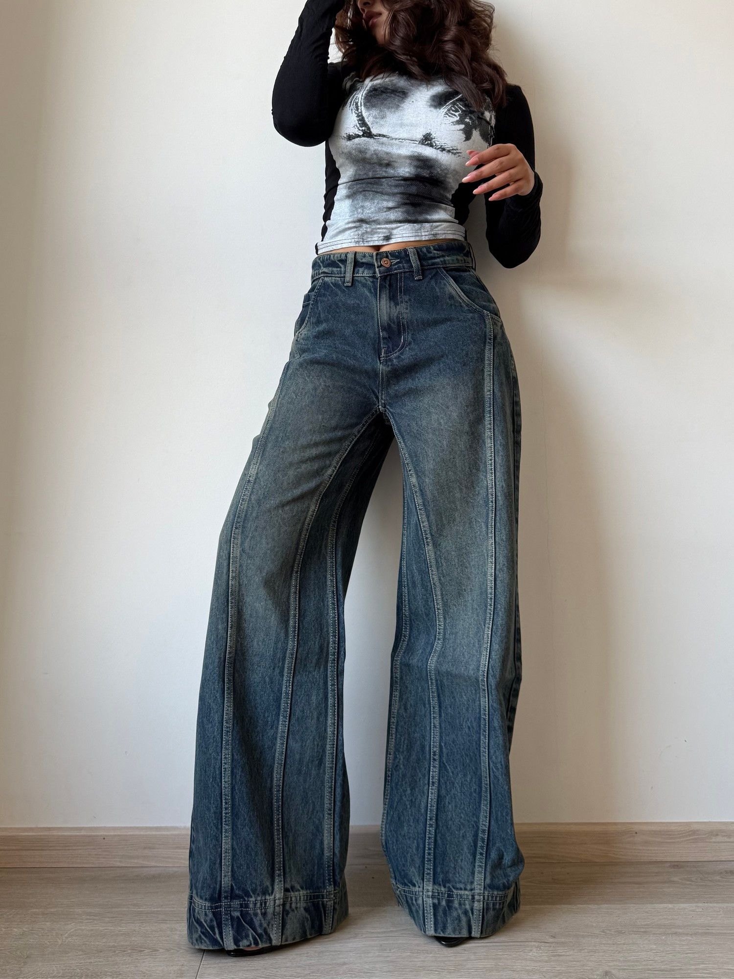 Tinted Vintage Washed Wide Leg Baggy Jeans - Deep Blue-picture-35
