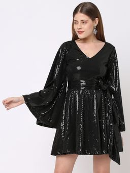 ASHTAG - Women Black Polyester Embellished Mini Dress