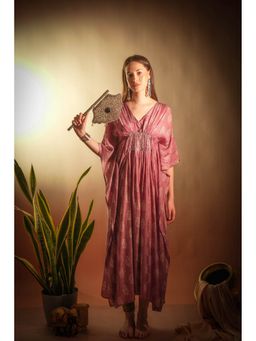 ASHTAG - Women Mauve Muslin Floral Maxi Kaftan Dress
