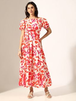 SHOWOFF - Women Multi-Colour Cotton Floral Maxi Dress with Belt