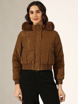 SHOWOFF - Brown Nylon Solid/Plain Hooded Puffer Jacket