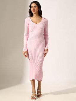 SHOWOFF - Women Pink Cotton Solid Midi Dress