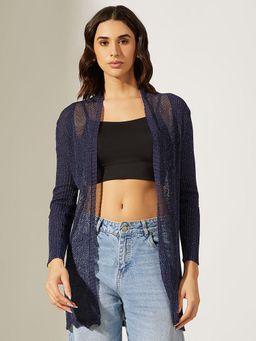 SHOWOFF - Navy Blue Acrylic Self Design Open Front Shrug