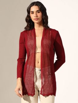 SHOWOFF - Red Acrylic Self Design Open Front Shrug