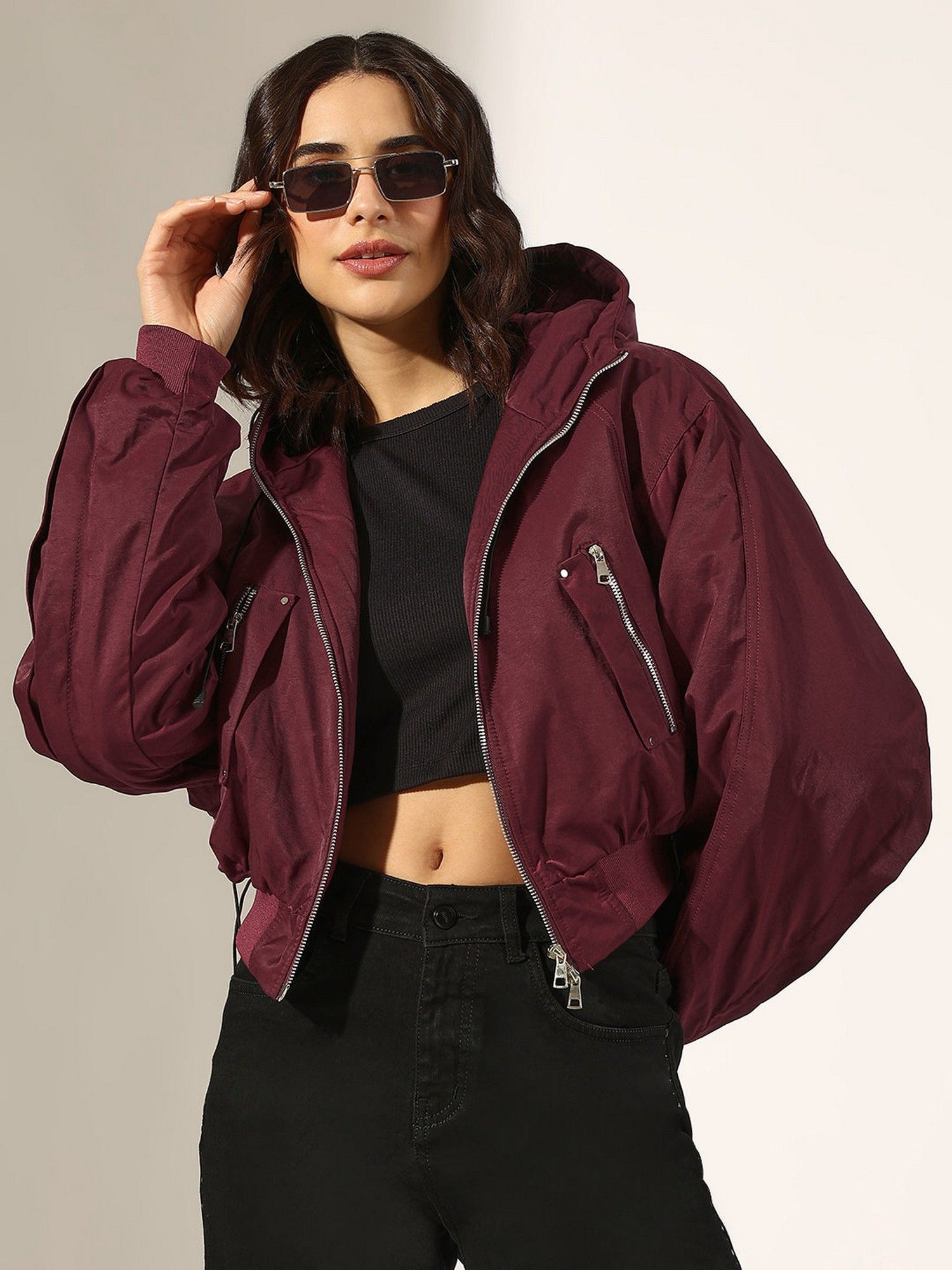 showoffff Burgundy Nylon Solid/Plain Hooded Bomber Jacket-picture-28