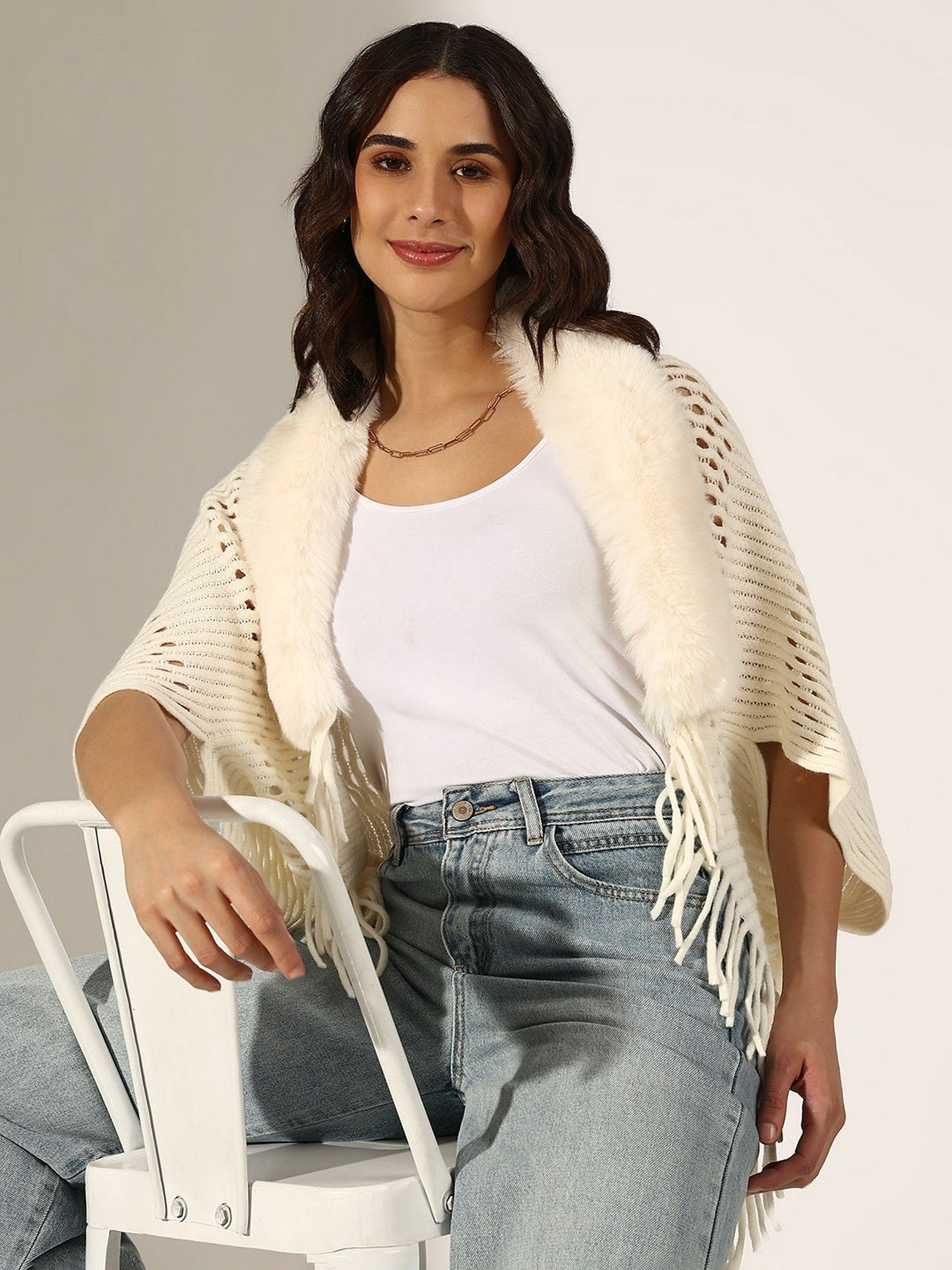 showoffff Cream Acrylic Self Design Open Front Shrug-picture-41