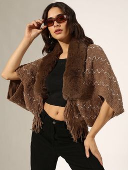 SHOWOFF - Brown Acrylic Textured Open Front Shrug