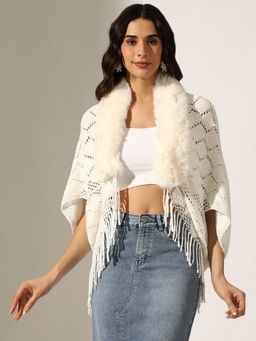 SHOWOFF - Cream Wool Self Design Open Front Shrug