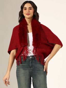 SHOWOFF - Red Acrylic Self Design Open Front Shrug